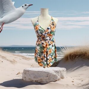 Sz LG skirted bathing suit top criss cross back floral pattern women’s size NWOT